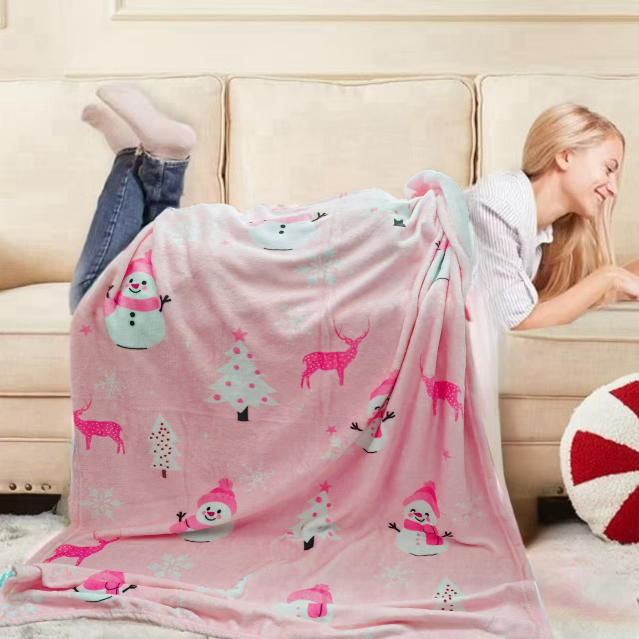 1pcs Pink Buffalo Plaid Christmas Throw Blanket, Fuzzy Fluffy Soft Cozy Blanket, Fleece Flannel Plush Microfiber Blanket For Couch Bed Sofa