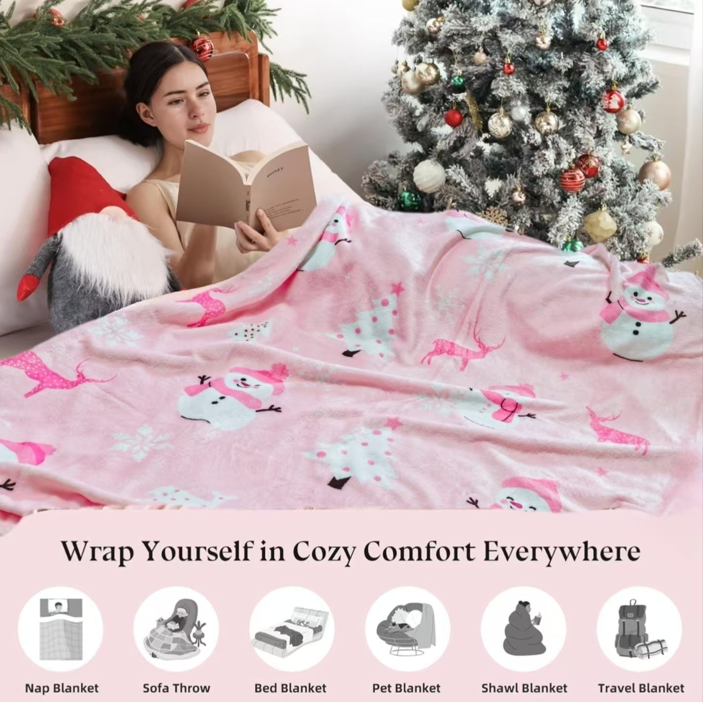 1pcs Pink Buffalo Plaid Christmas Throw Blanket, Fuzzy Fluffy Soft Cozy Blanket, Fleece Flannel Plush Microfiber Blanket For Couch Bed Sofa